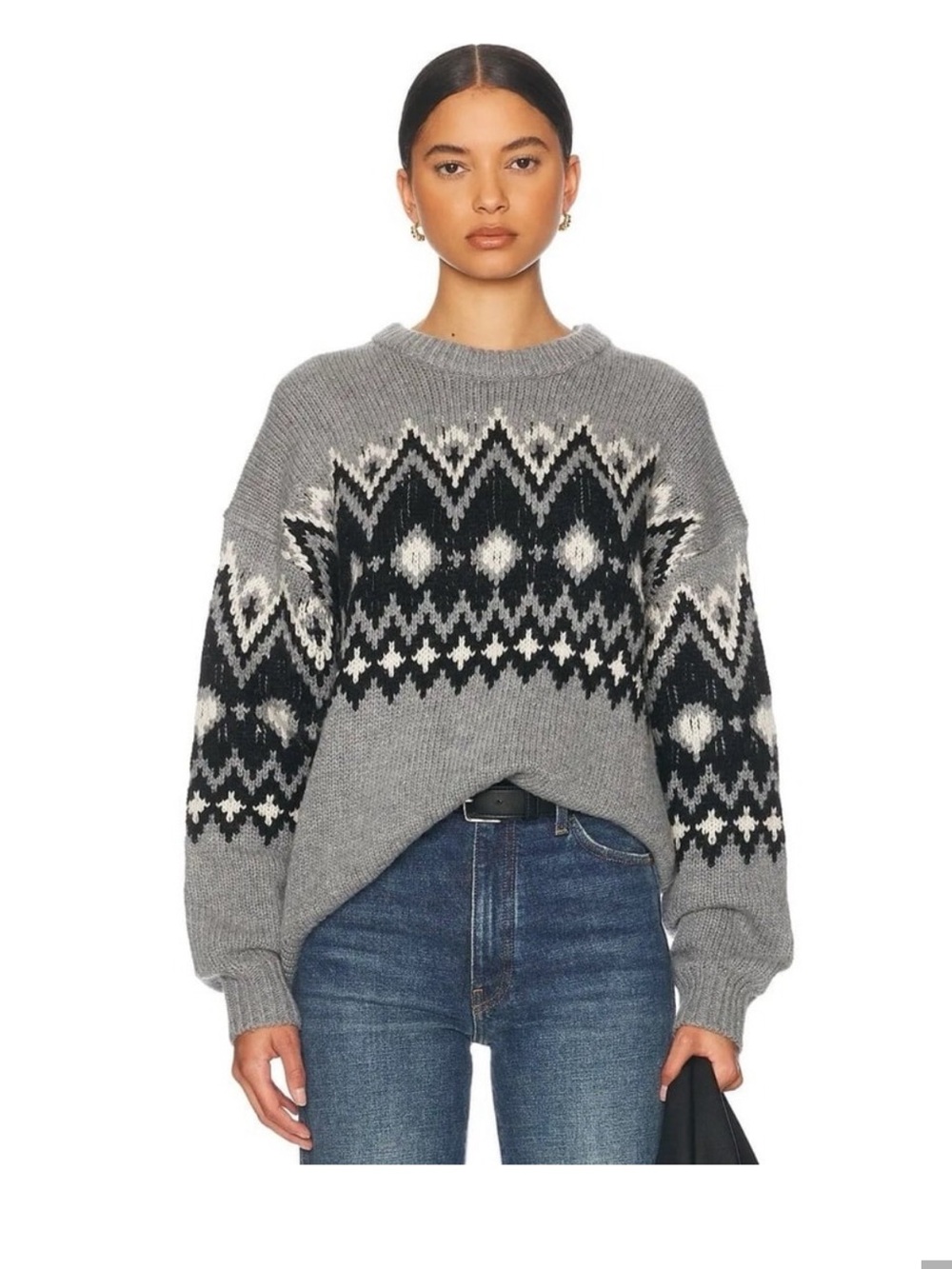 STAUD Gray Fair Isle Crewneck Wool Blend Sweater